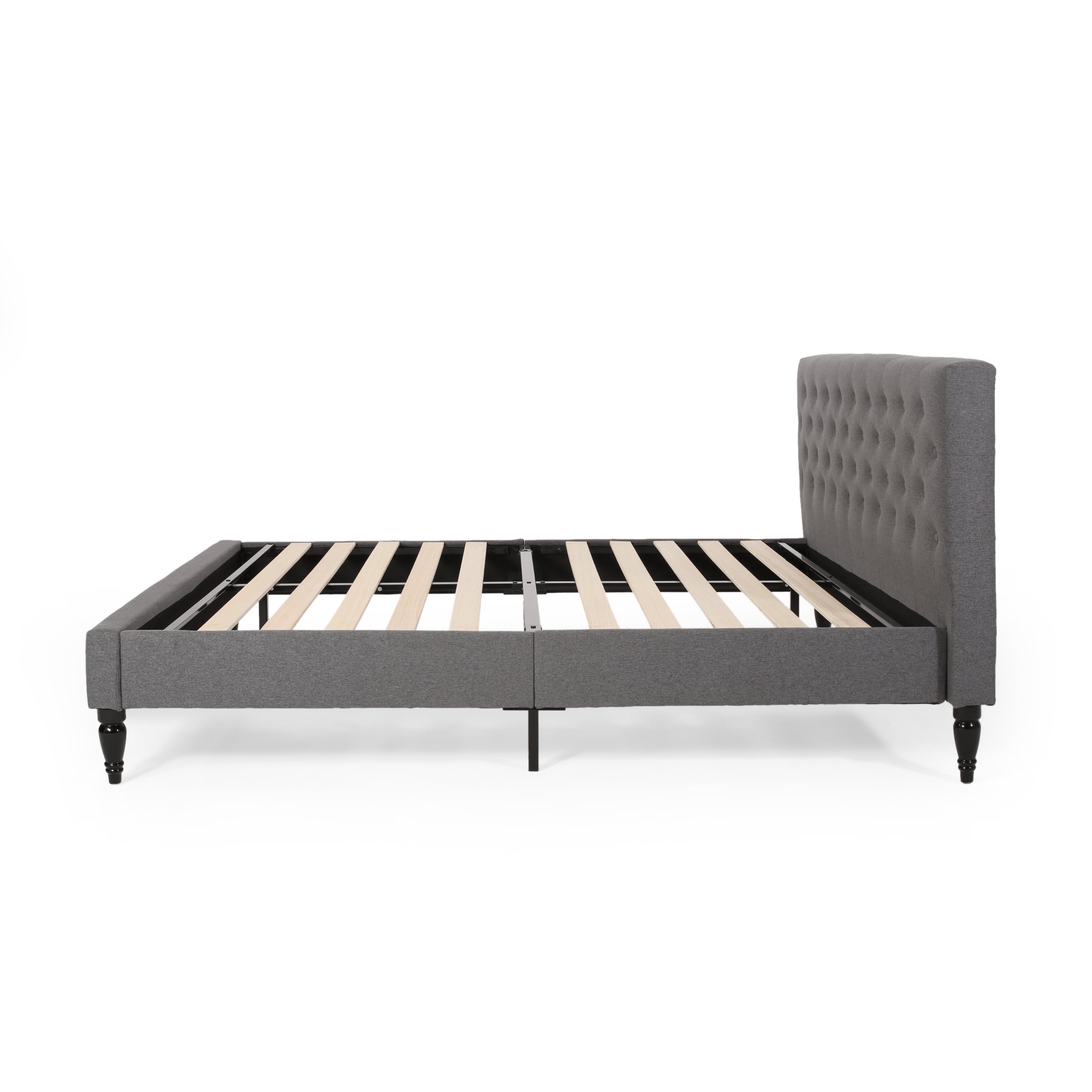 Noble House Kwan Contemporary Fully-Upholstered King Fabric Low-Profile Platform Bed Frame, Charcoal Gray, Black
