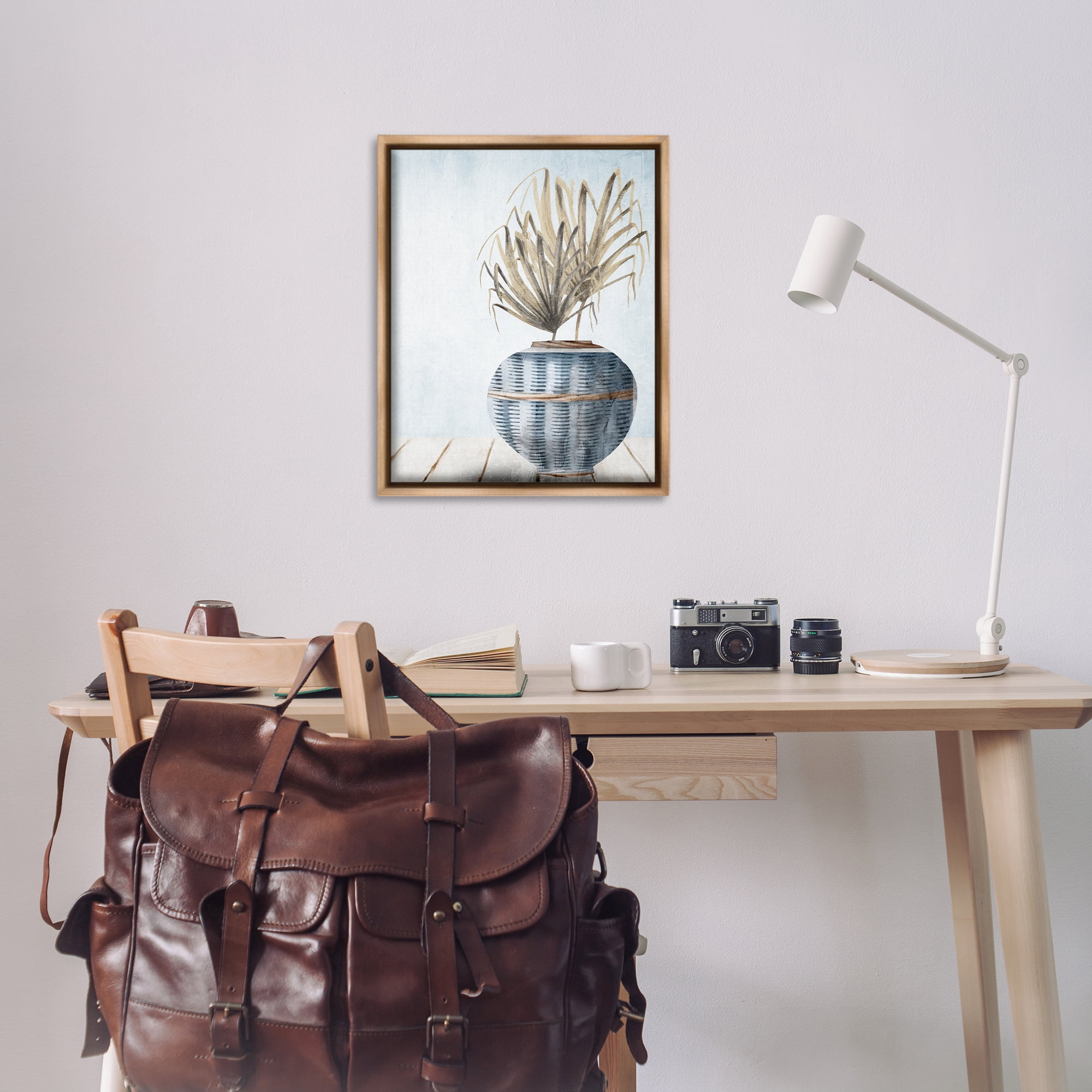 Stupell Industries Plant in Woven Vase Plants & Flowers Painting Brown Floater Framed Canvas Art Print Wall Art, 25 x 31