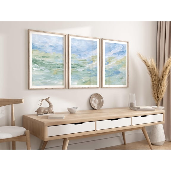 Light Blue Abstract Landscape Pastel Wall Art Sage Green Coastal Set 3 Unframed Paper Print 8x12