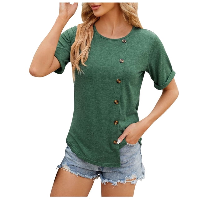 JFHHQ Tunique à Col Rond pour Femmes avec Manches Courtes et Détail de Garniture de Boutons, Design Moderne à Ourlet Irrégulier, Vert Armée