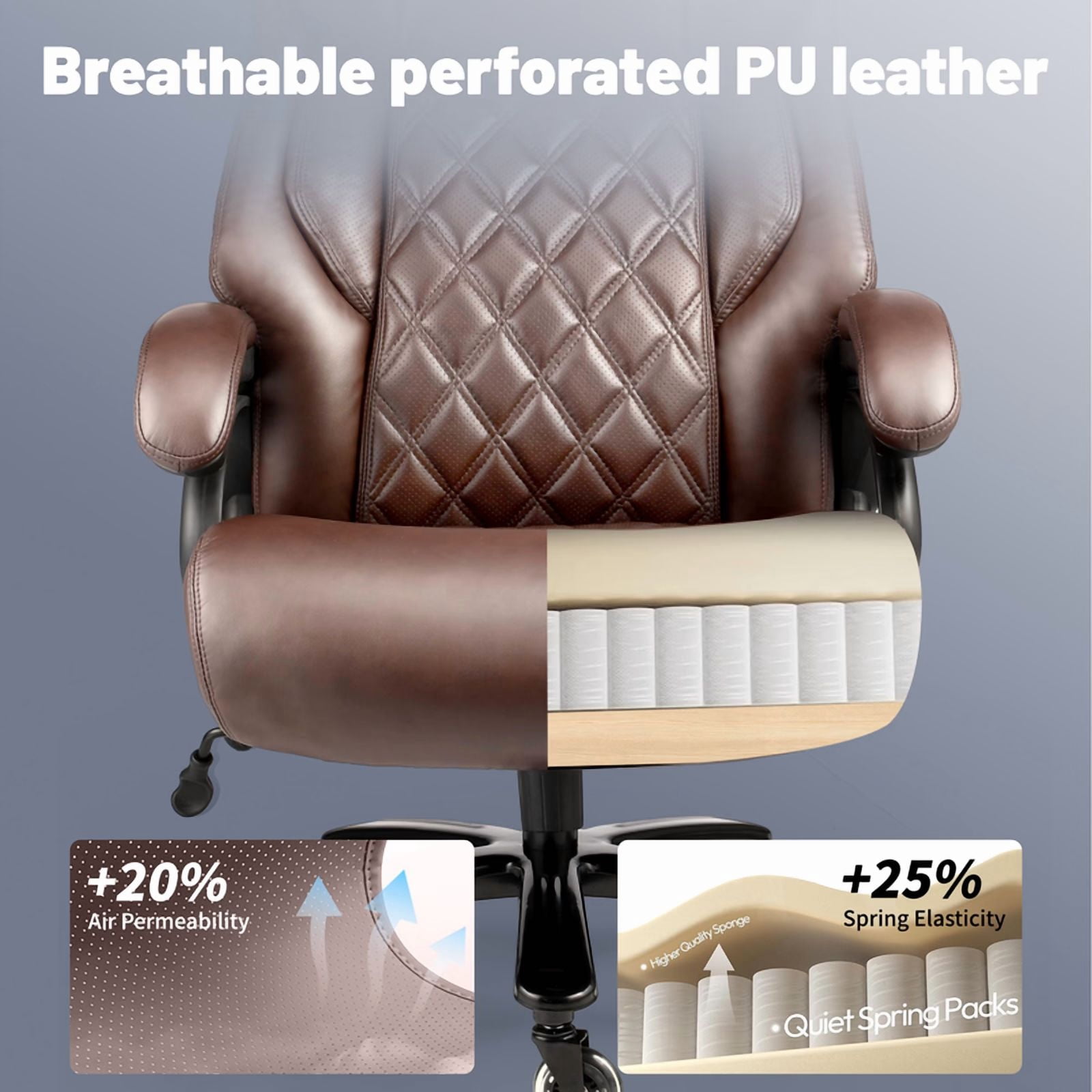 Qusaphy 800LBS Big and Tall Executive Office Chair, PU Leather Ergonomic Desk Chair with Adjustable Backrest and Thick Padded Cushion, Heavy Duty Chair for Home or Office Brown