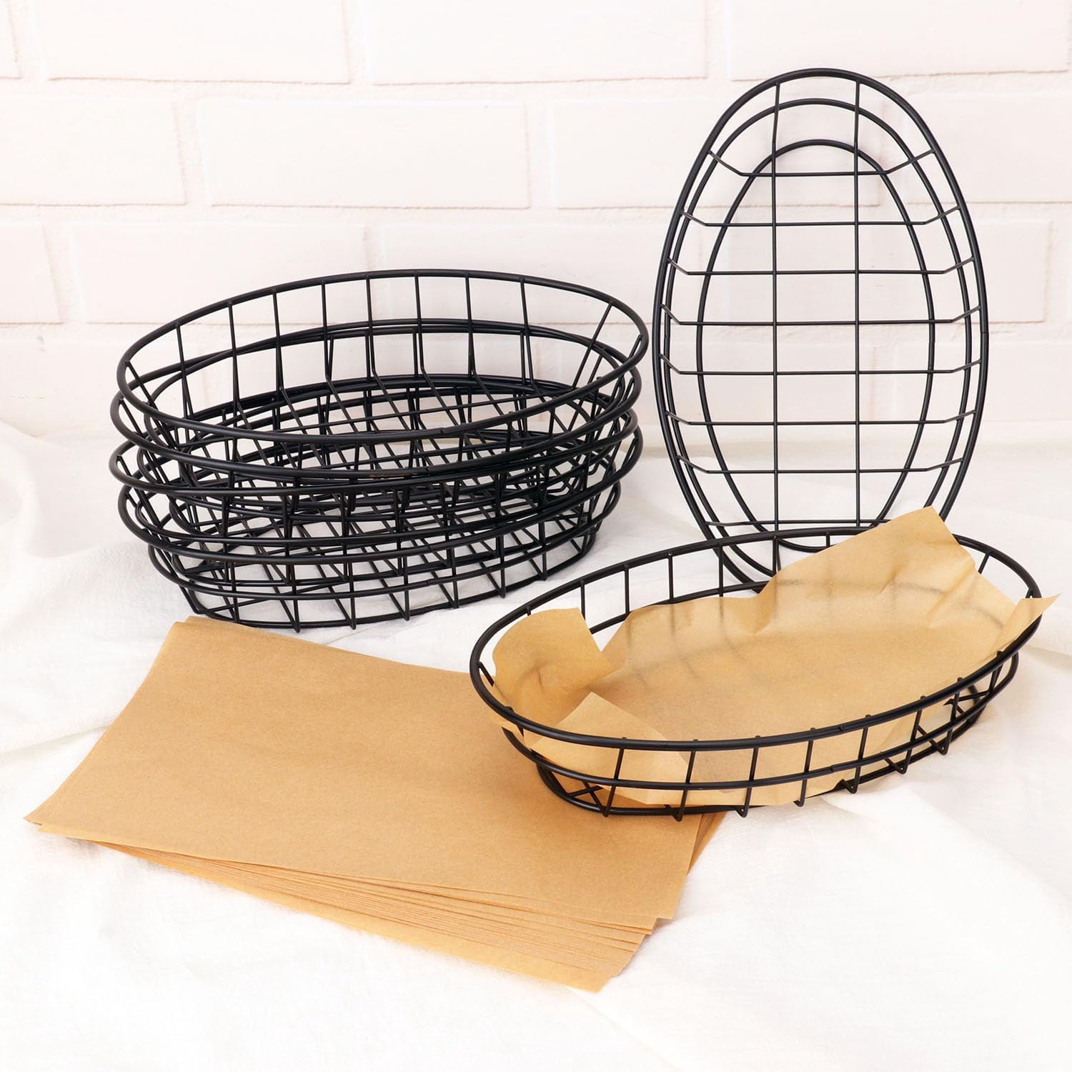 12 Pack Wire Bread Basket with 50 Sheets Deli Wrappers Paper, 9.65 x 6.1 x 2.17 Inch Metal Oval Bread Basket for Food & Fruit Serving – Durable Black Wire Baskets for Home & Kitchen