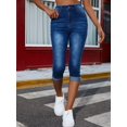 thumbnail image 3 of Blue Mid-Stretch Capris Denim Jeans, Slim Fit Slant Pockets Versatile Denim Trousers, Women's Denim Jeans & Clothing, 3 of 6