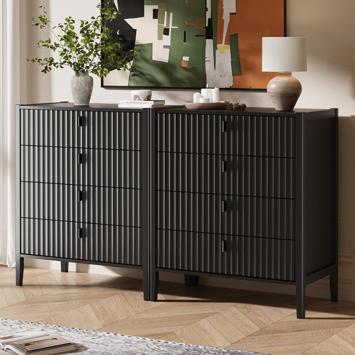 FURNIWAY Black Dresser for Bedroom, 4 Drawers Dresser Wood Storage Tower Clothes Organizer, Chest of 4 Drawers, Large Capacity Storage Cabinet, Nightstand for Bedroom, Hallway, Entryway