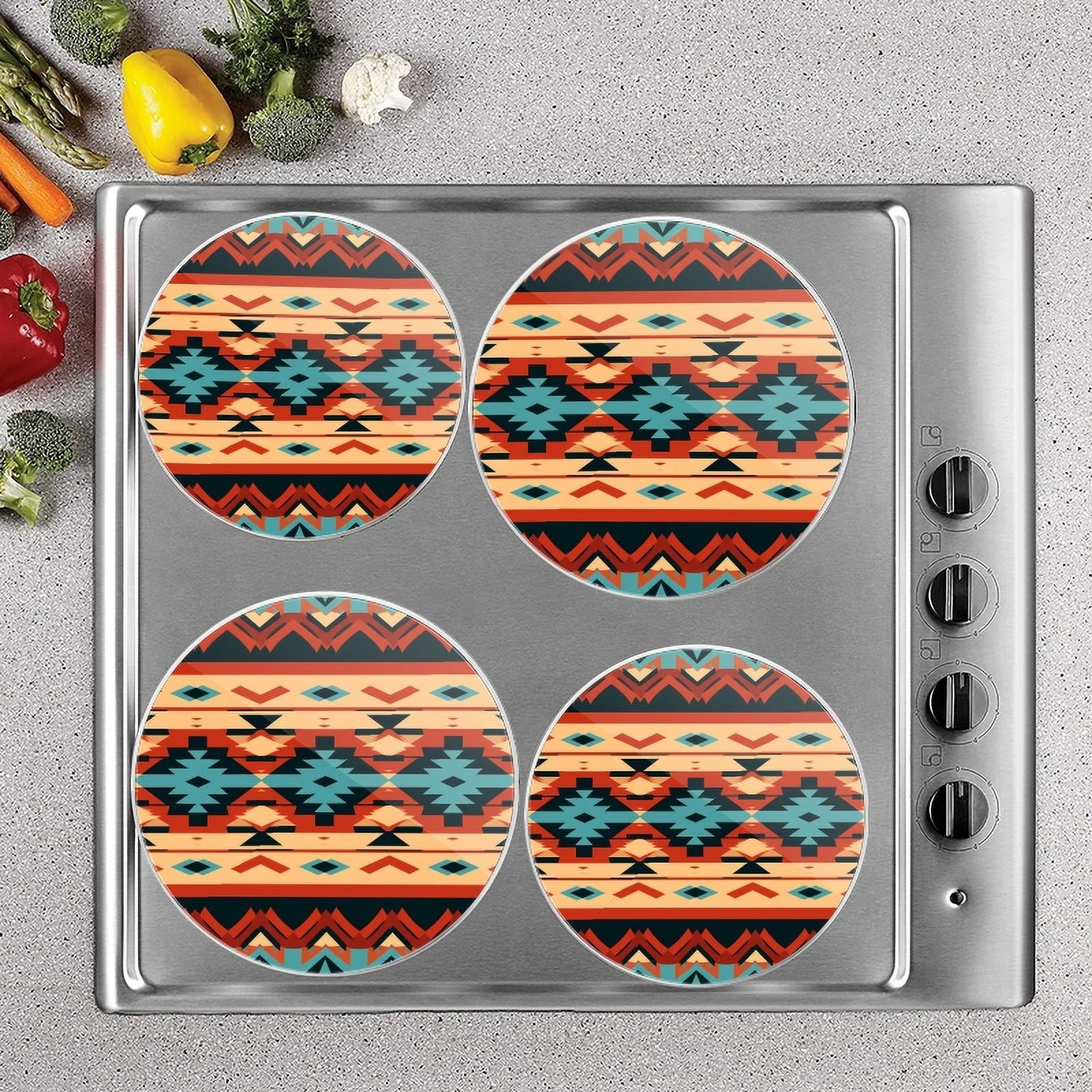 Gas Stove Burner Cover Set Of 4,Illustration Of Seamless Pattern In The Style Of Traditional Tribal Patterns Metal Electric Stove Burner Covers,Protecting Gas Stoves,Kitchen Decor，8 Inch And 10 Inch