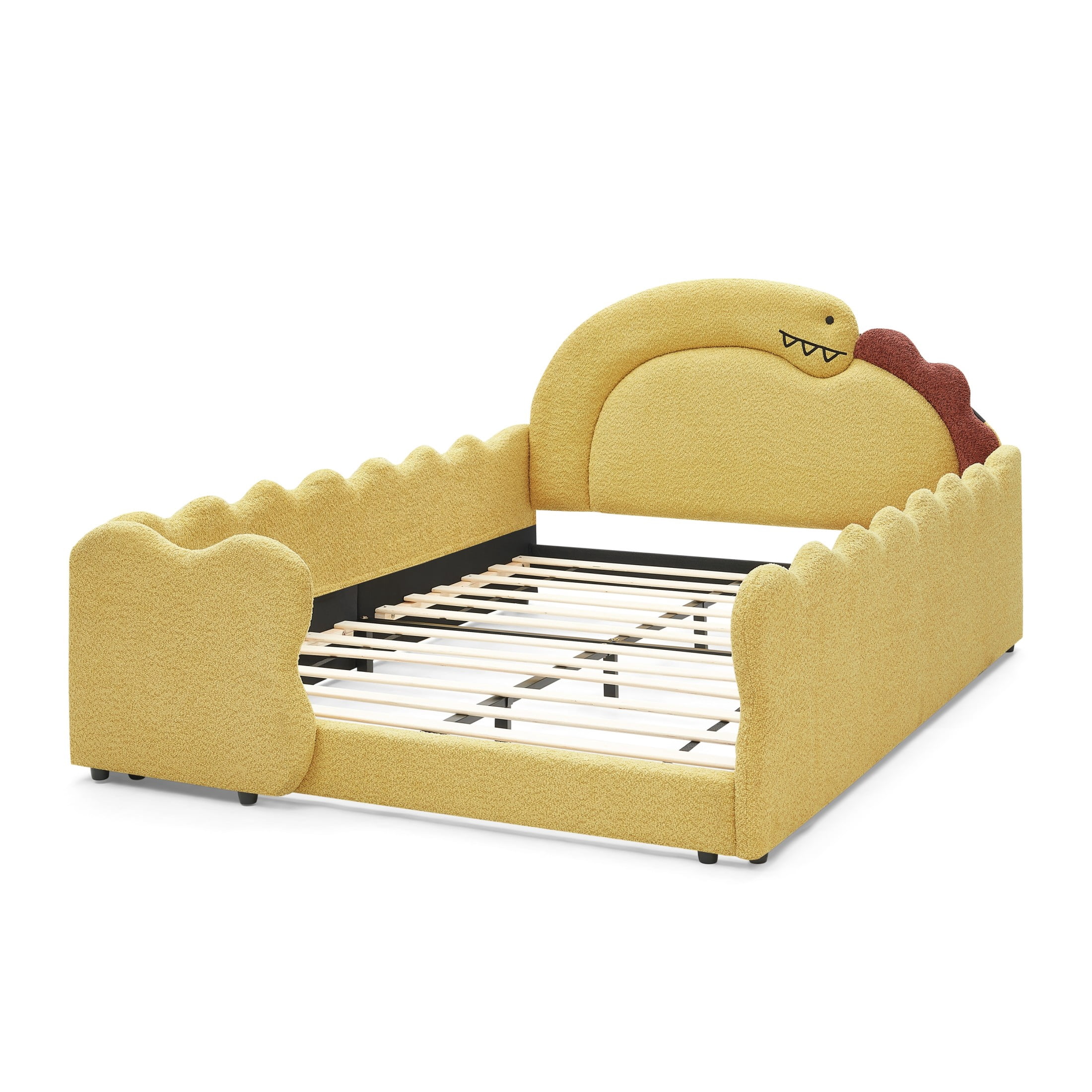 GDF Studio Full Size Cute Dinosaur Bed with Safety Guardrails & Solid Wood Frame, Boucle Fabric Upholstered Bed, Yellow