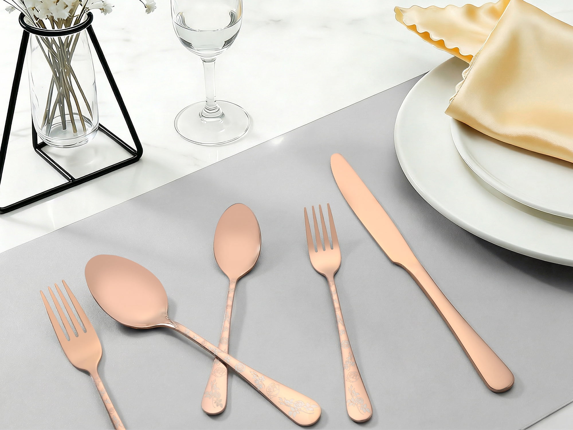 Unique Bargains 30 Piece Silverware Set for 6 Stainless Steel Floral Flatware Rose Gold 30