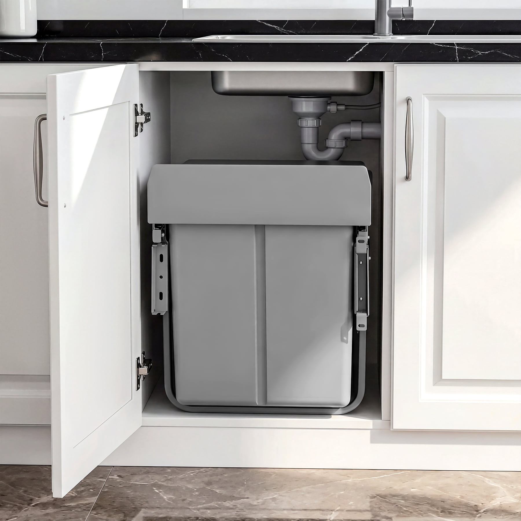 Fnova 44 Qt Double Pull Out Under Kitchen Cabinet Trash Can, Soft-Close Slides Under Sink Garbage Waste Recycling Bin, Holder Storage Drawer Waste Bin with Lid for Cabinet, Gray