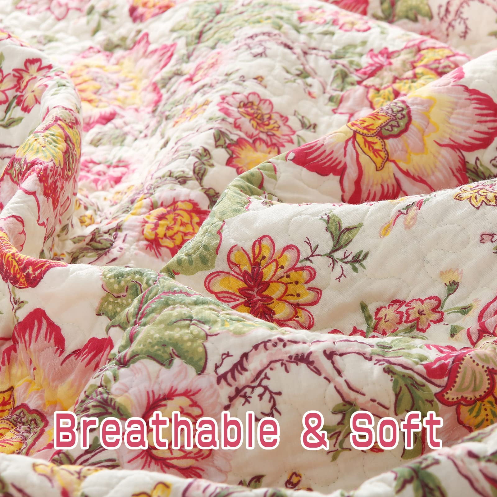3 Piece Floral Quilt Sets King Size, Soft Lightweight Microfiber Bedspreads Reversible Coverlet