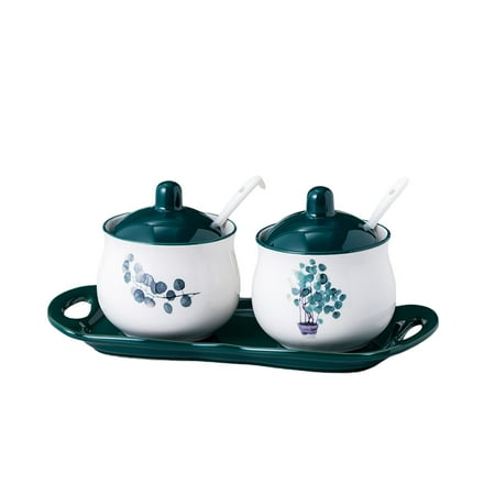 

Nordic Sugar Bowl With Lid Green Plant Pattern Storage Jar 200ml/7oz Porcelain Sugar Pot Spice Jar Salt Pot For Coffee Bar Restaurant Home-3 Set of b-200ml