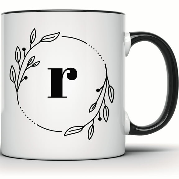 Floral Initial R Mug - Monogram Coffee Cup - Custom Name Botanical Mug - Perfect Gift for Her - 11 Ounce Black Rim Handle Novelty Coffee Cup - WMUG0394-Black Rim