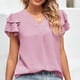 thumbnail image 2 of Blusa de manga con volantes Cuello en V Color puro Ajuste holgado Casual Mujer Top de manga corta para verano Rosa L, 2 of 6