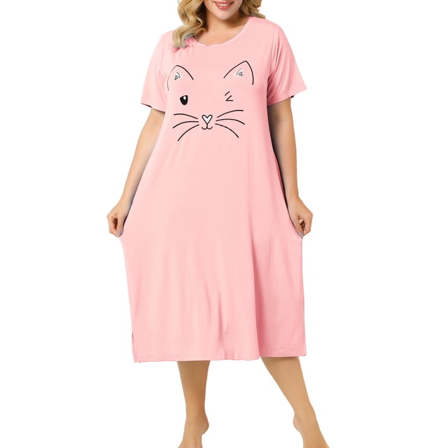 Agnes Orinda Nuisettes pour Femmes Grande Taille Col Ras du Cou Manches Courtes Robe de Nuit Imprimé Chats Pyjamas Détente Maison avec Poche 2X Rose
