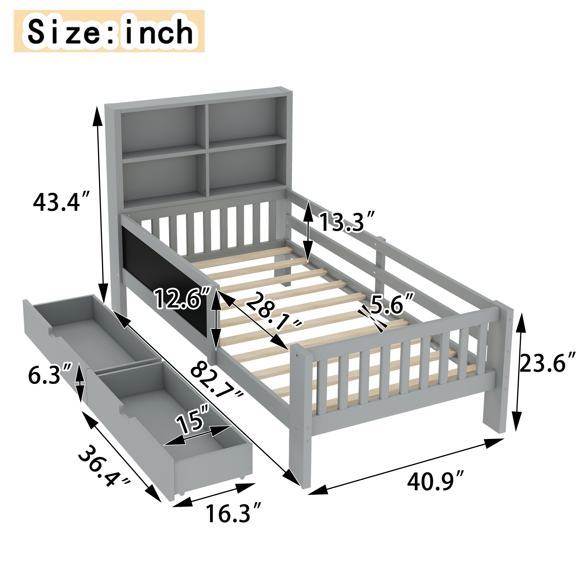 Yoneston Kids Twin Platform Bed with Storage Headboard and Chalkboard, Wood Platform Storage Bed with 2 Drawers & 4 Shelves for Boys Girls, Gray