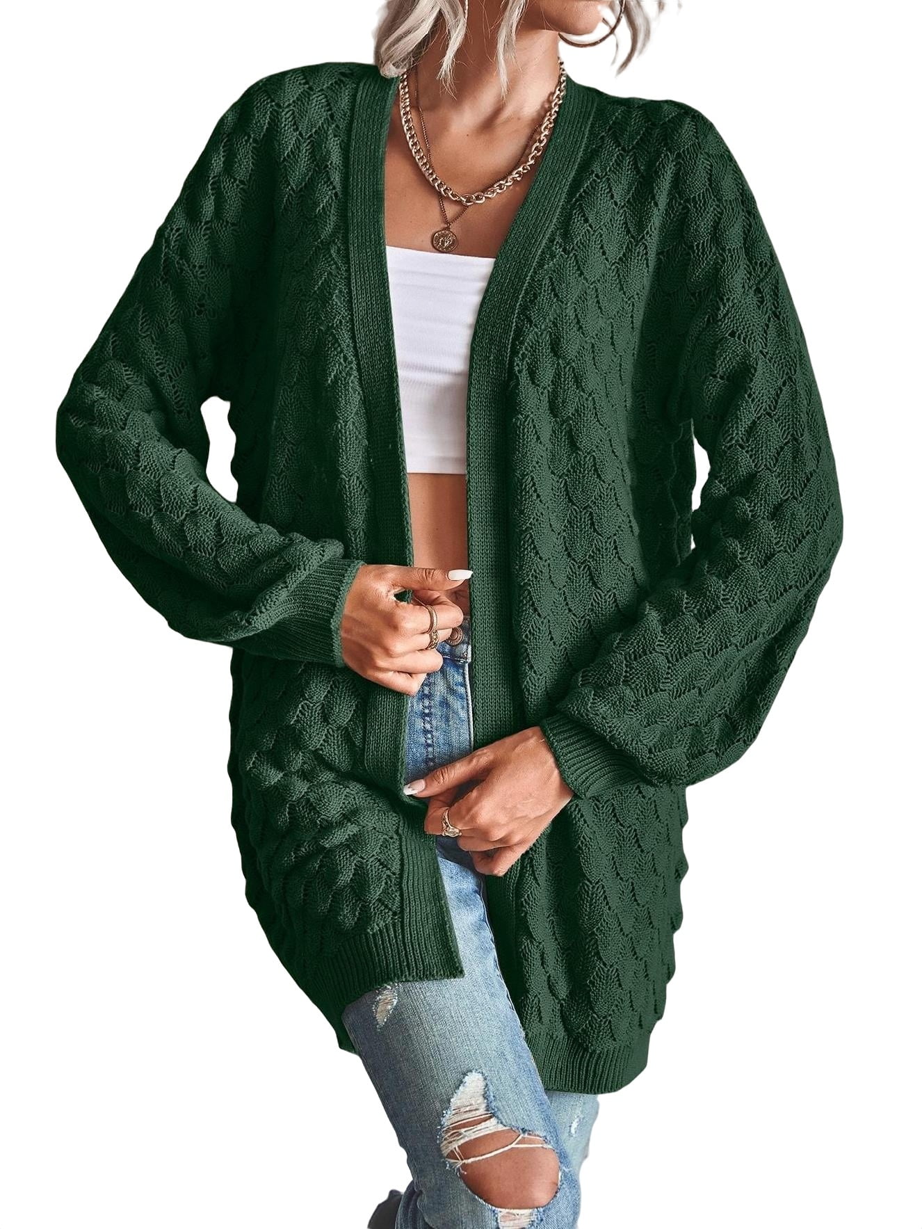 Casual Plain Cardigan Long Sleeve Dark Green Women Cardigans (Women's)