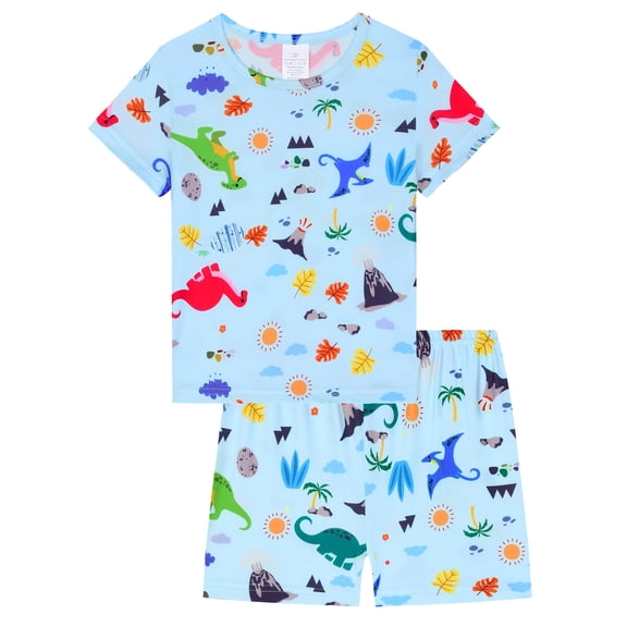 WIBACKER 2-Piece Summer Pajamas for Kids Boys Dinosaur Short Sleeves Tee and Shorts Toddler Cool PJs Set Size 3-12Y
