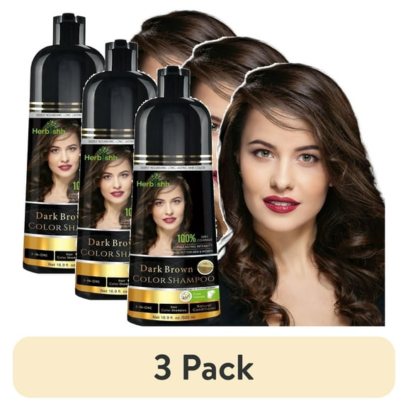 (3 pack) Herbishh Dark Brown Color Shampoo for Gray Hair, Permanent Hair Colour, Men & Women (500 ml)