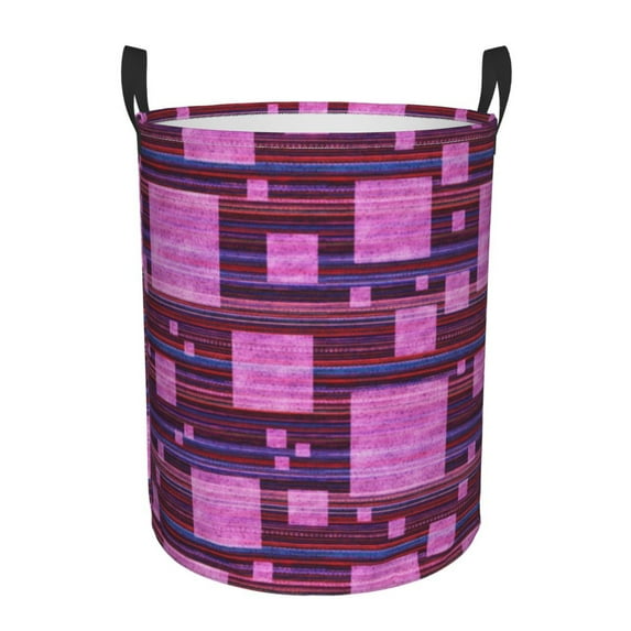 Round Laundry Basket, Purple Square Stripes Pattern Foldable With Handle Waterproof Small Size