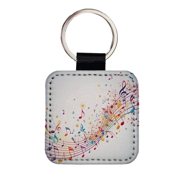 Scattered Music Notes Design Faux Leather Square Keychain