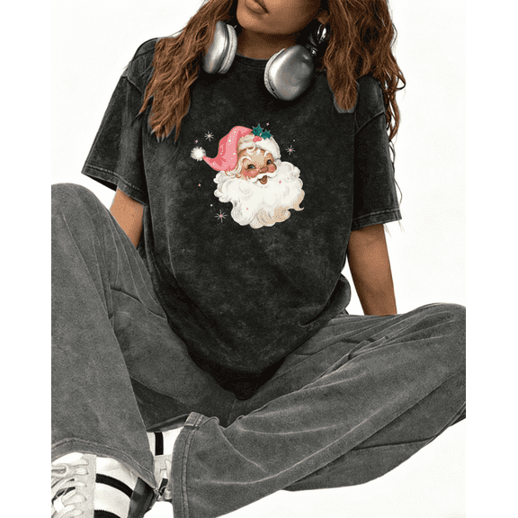 Women's cotton Black Print T-Shirt Graphic Tee Vintage Pink Santa Festive Holiday Casual Tops S-2XL