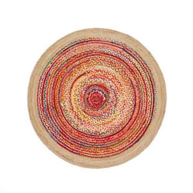 Indian Handmade Braided Multi Color Cotton with Natural Jute Round Rugs , Home Decor Carpet Size 3 x 3 Feet Round ( 90 cm x 90 cm)