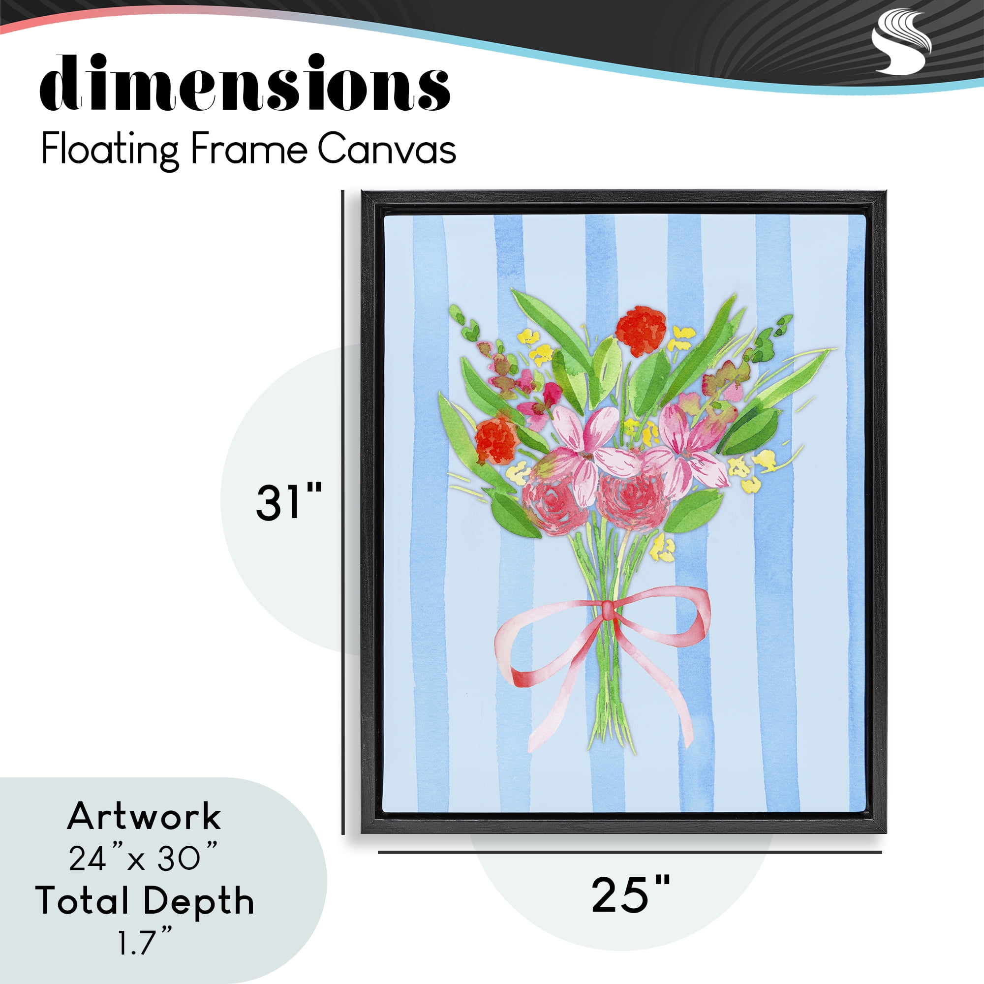 Blue and Pink Bouquet & Bow Black Framed Floater Canvas Wall Art, design by Nina Jacobs