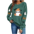 thumbnail image 4 of Xinoom Women Halloween Crewneck Pullover Sweatshirt, Cute Ghost Pumpkin Bat Pattern Long Sleeve Tops, Loose Fit Casual Shirts for Holiday Daily Wear Army Green,M, 4 of 8