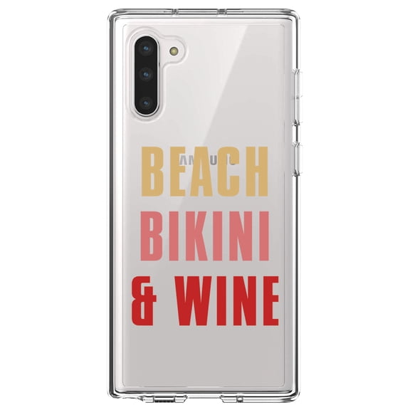DistinctInk Clear Shockproof Hybrid Case for Samsung Galaxy Note 10 (6.3" Screen) - TPU Bumper Acrylic Back Tempered Glass Screen Protector - Beach Bikini & Wine