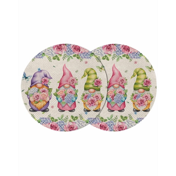 Spring Gnomes Round 13 Inch Placemats Set of 2, Vintage Botanical Blossom Rose Leaves HeatResistant Non Slip Place Mats for Dining Table, Wipeable Braided Kitchen Table Mats for Housewarming