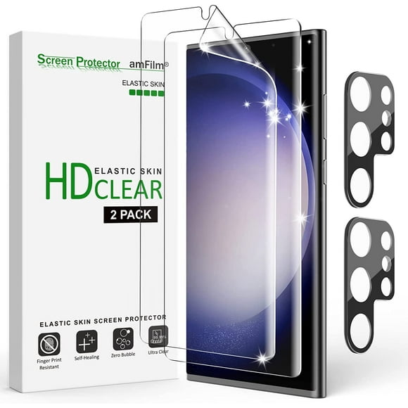 (2 pack) amFilm Peau Élastique pour Samsung Galaxy S23 Ultra 5G 6.8 Pouces TPU Protecteur d'Écran et Protecteur d'Objectif en Verre Trempé, Empreinte Digitale ID Compatible, avec Outil d'Installation Facile, HD Clair, TPU