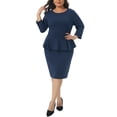 thumbnail image 2 of Agnes Orinda Women's Plus Size Peplum Pencil Dress Crew Neck 3/4 Sleeve Flared Sheath Office Business Dresses 4X Navy Blue, 2 of 6