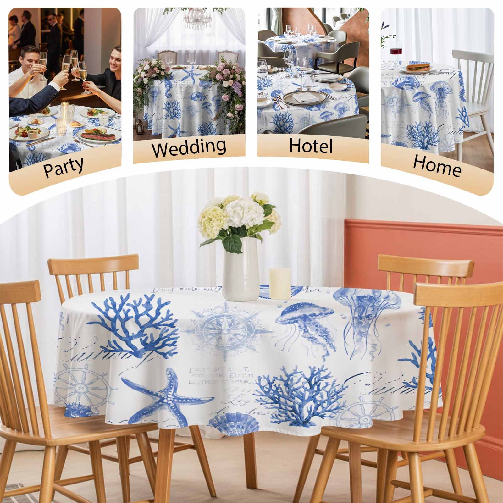Round Tablecloth Watercolor Coastal Waterproof Oil Proof Polyester Table Cloth Cover Decor for Home Dining Outdoor,Patio,Parties, 60" Dia. Seahorse Starfish Pattern Blue
