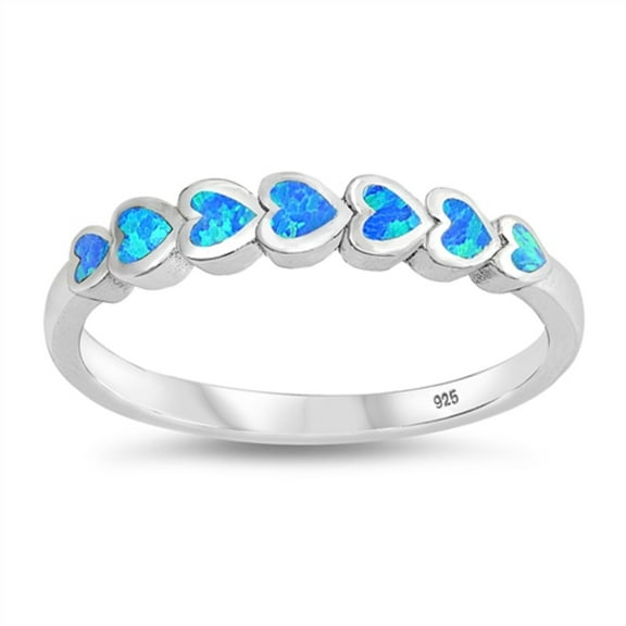 Blue Simulated Opal Sideways Heart Linked Ring Sterling Silver Size 5