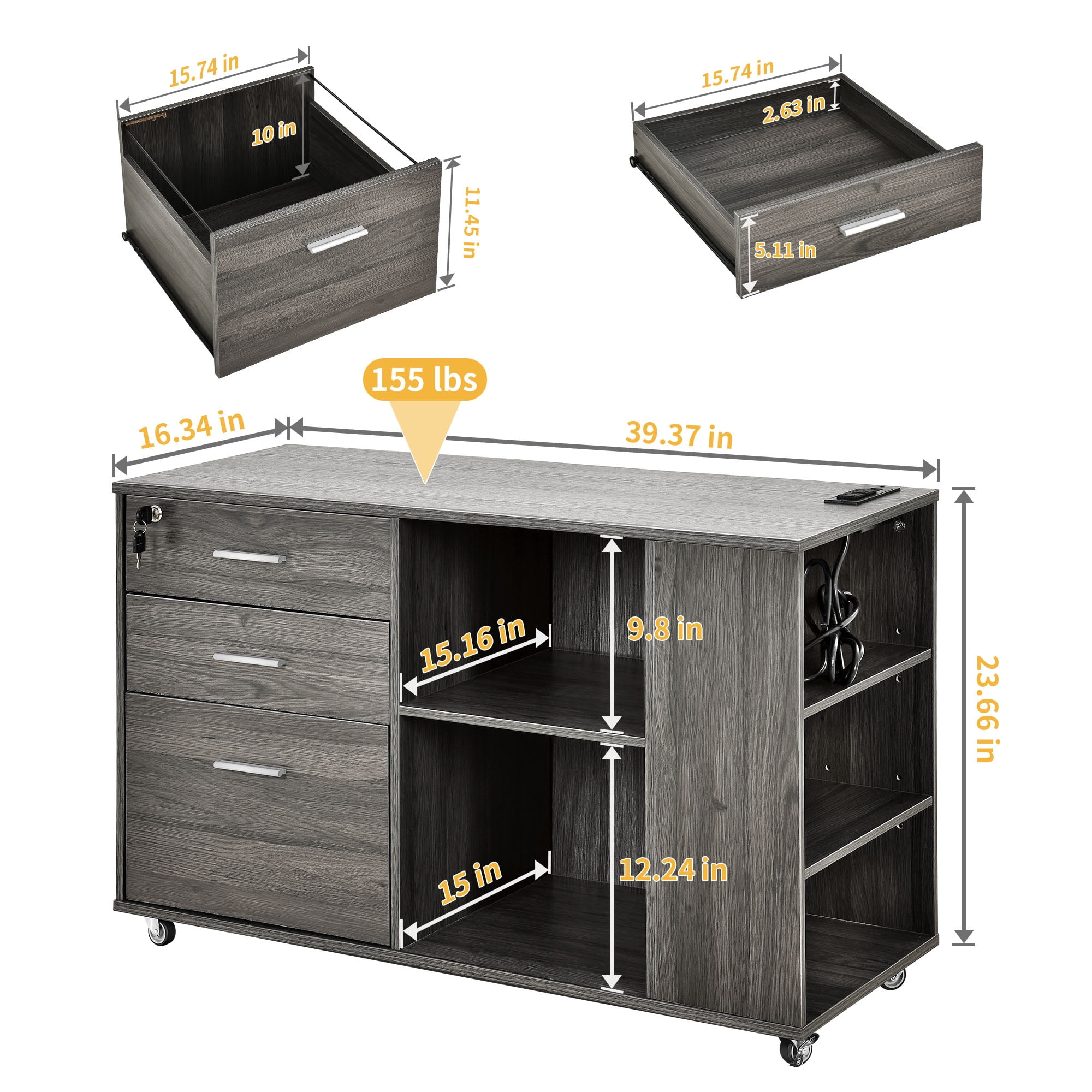 DWVO Wood Lateral File Cabinet with Charging Station and Lock for Home Office, Printer Stand with Open Storage Shelf,Gray