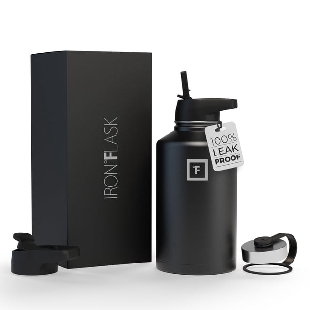 Botella de agua IRON °FLASK para acampar y hacer senderismo, 1,9 L, con 3 tapas de pajita