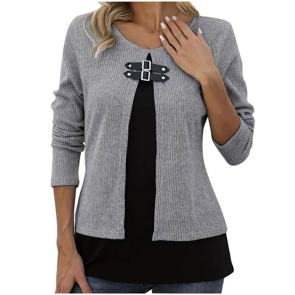 Htigea Women's 2 in 1 Shirts Trendy Color Block Crew Neck Long Sleeve Tunic Tee Casual Fall Tops Gray 3XL