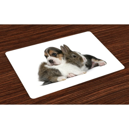 Beagle Placemats Set of 4 Pets Rabbit and Puppy Animal Kingdom Friendship Best Companions Bunny Picture, Washable Fabric Place Mats for Dining Room Kitchen Table Decor,Taupe Black White, by