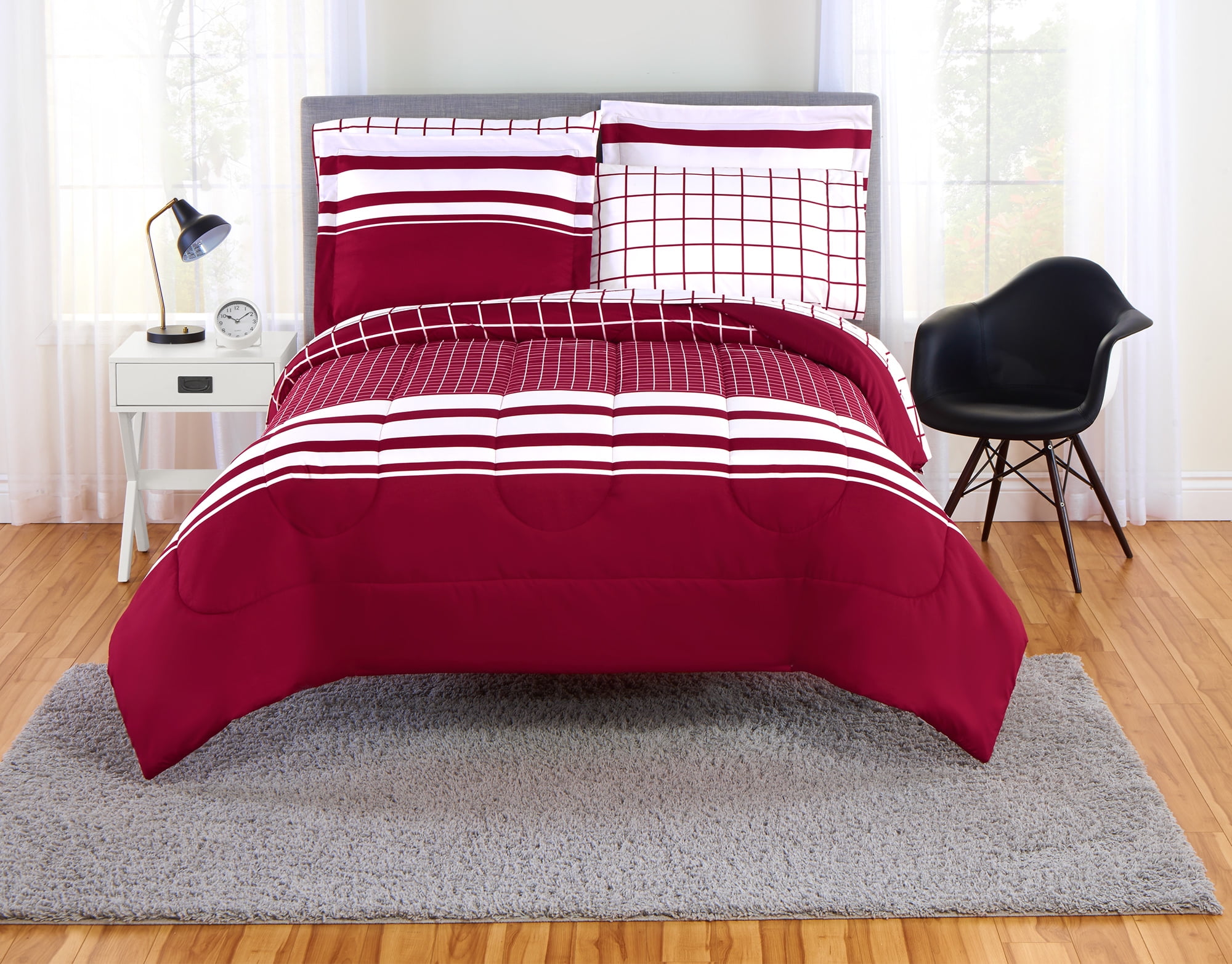 Mainstays Even Plaid Red and White Bed in a Bag Bedding Set, Queen