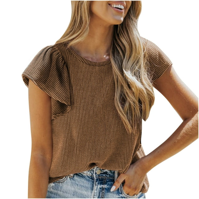 Timegard Tops for Women Trendy Ruffle Short Sleeve Slim Solid Color Knit Tee Casual Going out Tops Summer