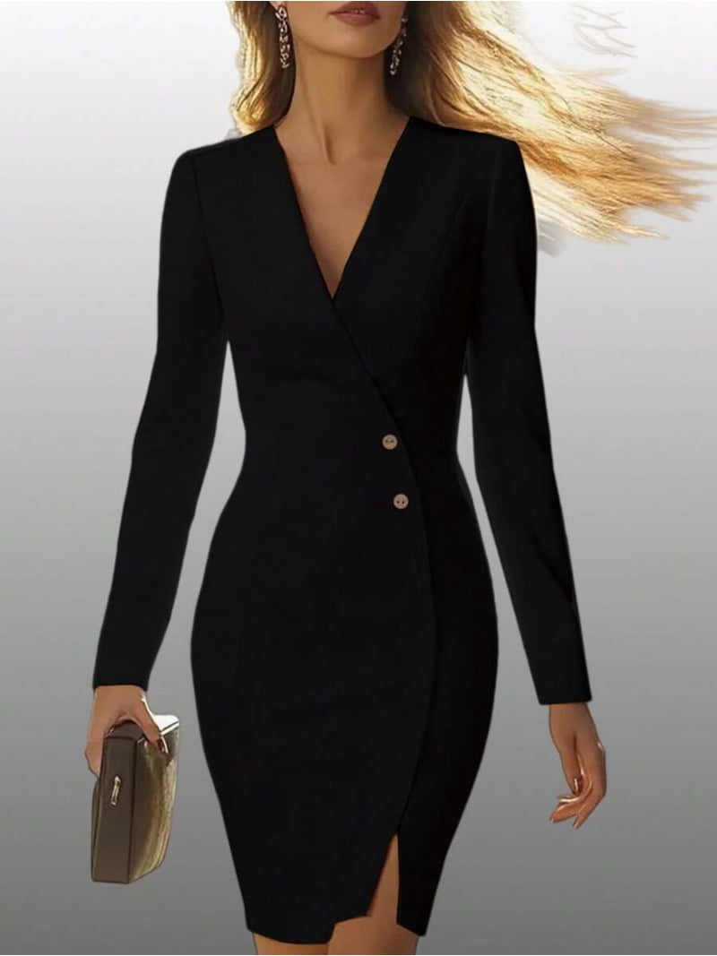 Pure Black V-Neck Wrap Midi Dress With Gold-Tone Buttons And Side Slit