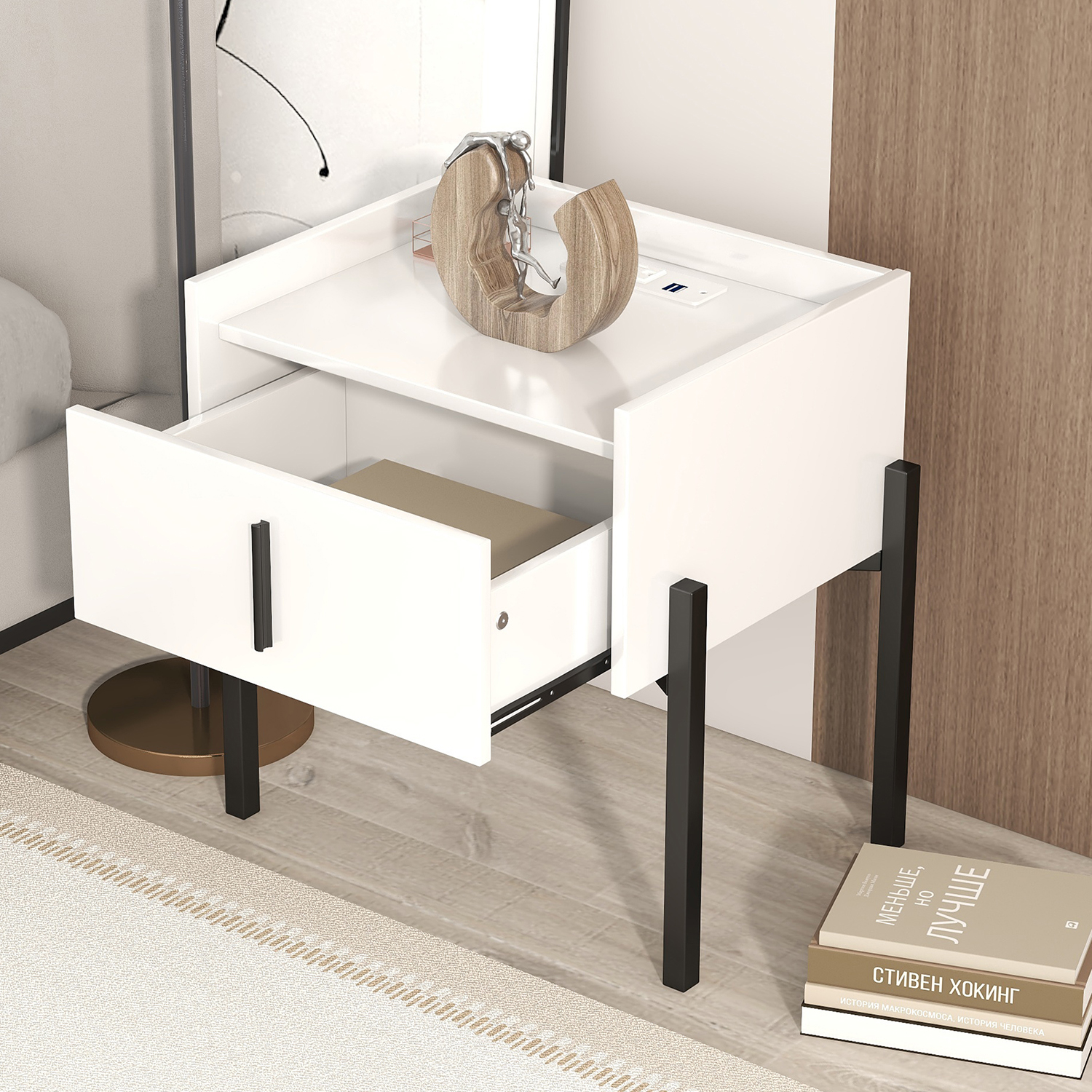 Kadyn Modern Nightstand with Drawer, Bedside Table with USB Charging Ports, Storage End Table for Living Room and Bedroom, White