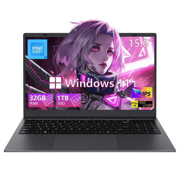 RNRUO 15.6" Laptop Computer, 32GB RAM 1TB SSD, Intel 6500Y with 2 Cores, Office 2024 FHD Display WiFi5 BT5.0 Type-C PD Long Battery Life, Windows 11 Laptop for Business, Student, Dark Gray