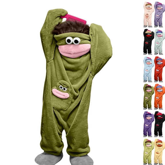 Big Mouth Monster Onesie for Kids, Funny Silly Matching Family Hooded Jumpsuit, Halloween Costume Dark Green 5-6 Years
