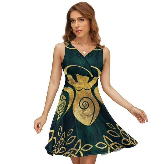 Riple Goddess with Triskele - Gold on Shimmer Green Sleeveless Dress Women Summer Evening Dresses Ladies Sundress