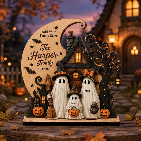 Personalized Wooden Block Witch Cottage Family Halloween Decoration, Wood Tabletop Decor for Family