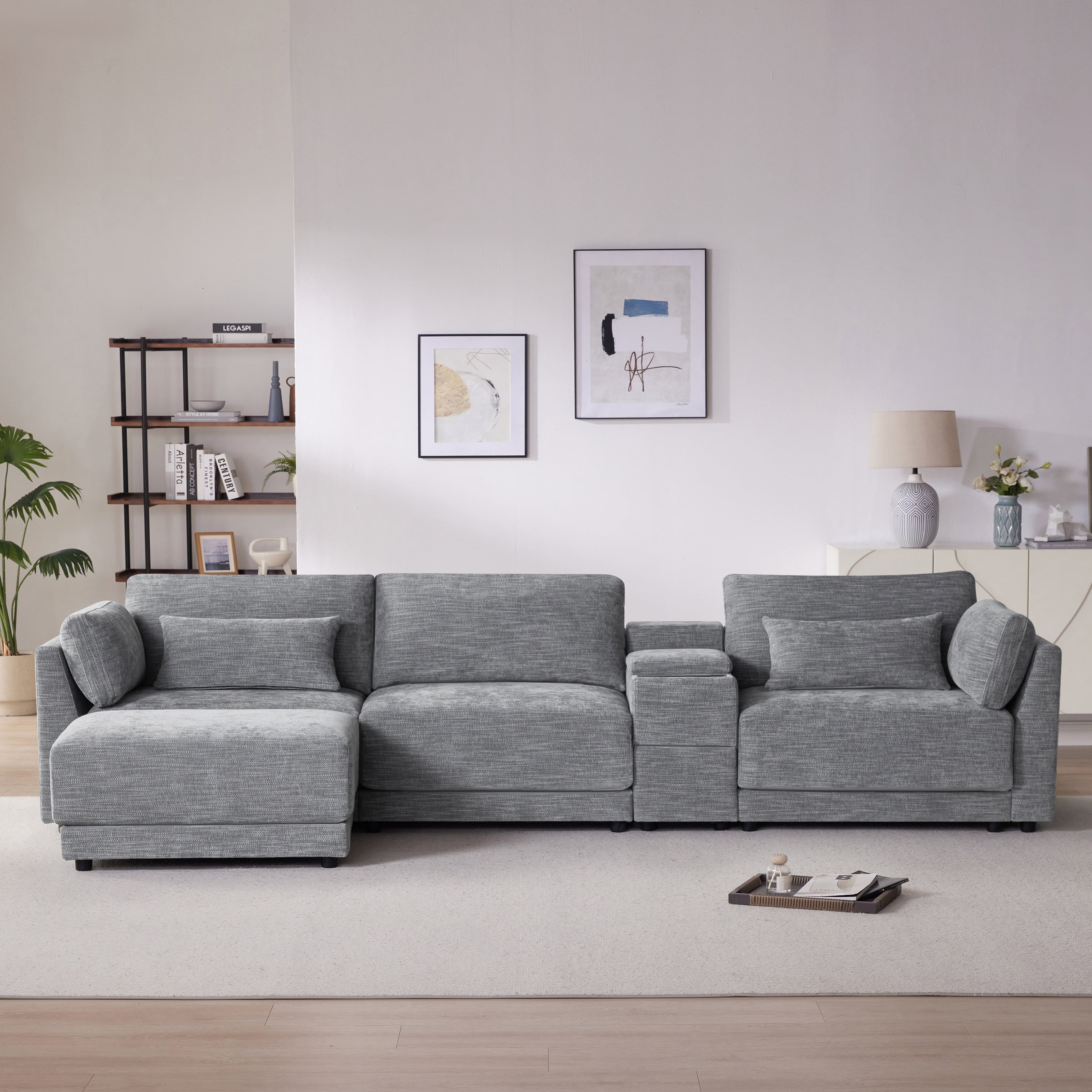 Sectional Sofa, L Shaped Couch, 4-Seat Sofa with Multi-Function Storage Console, Device Platform and Movable Ottoman, Wide 33 Inch Thick Cushion Chenille for Living Room, 124 Inch, Gray