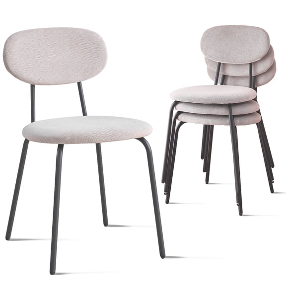 Stackable Dining Chairs Set of 4, Small Modern Kitchen Chair with Metal Legs, Space Saving Fabric Chairs for Apartment, Dining Living Room, White
