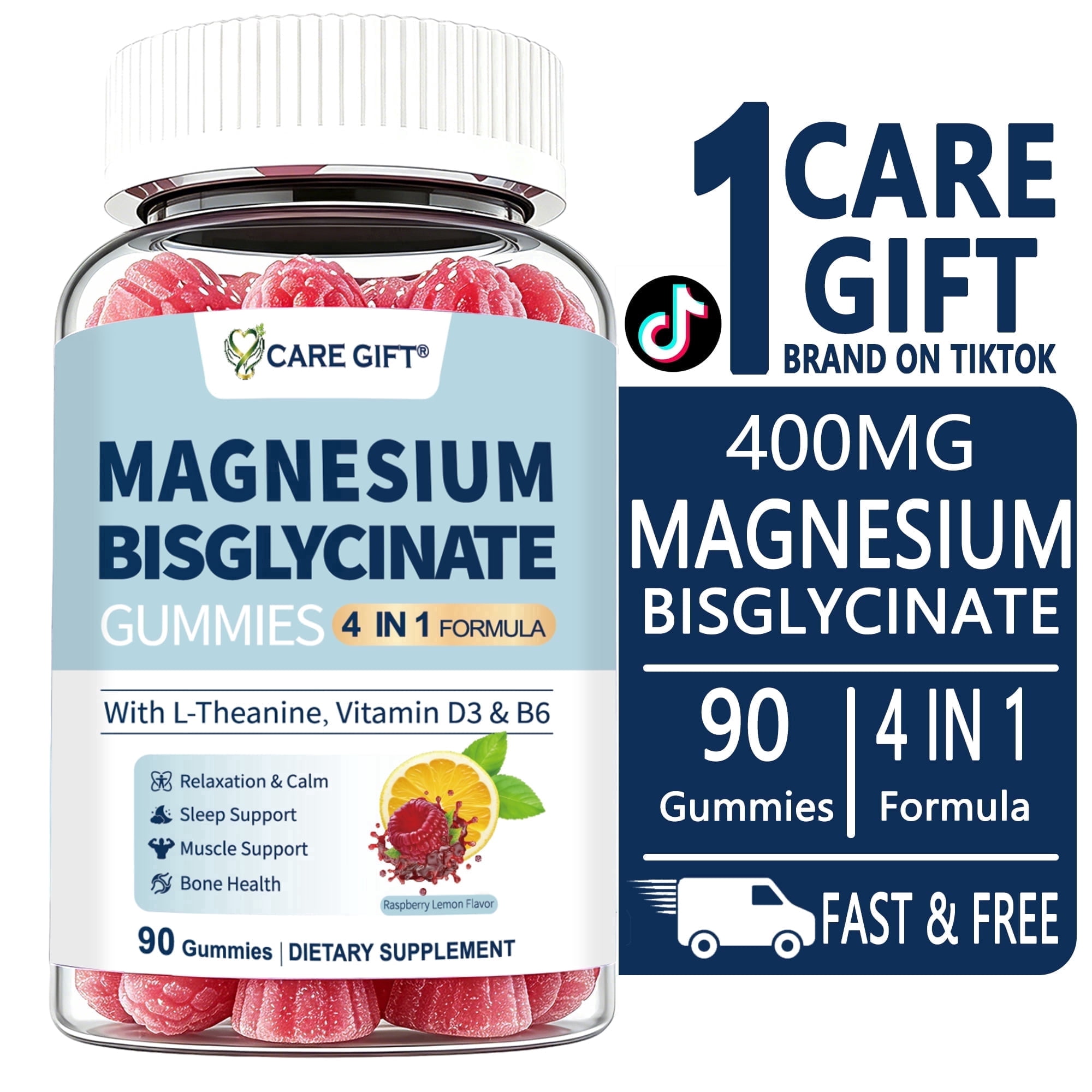 CARE GIFT 400mg Magnesium Bisglycinate Gummies with D3 B6 L-Theanine, Sleep Calm Bone Support, Muscle Relaxation Bone Health,90 Lemon Raspberry Gummies