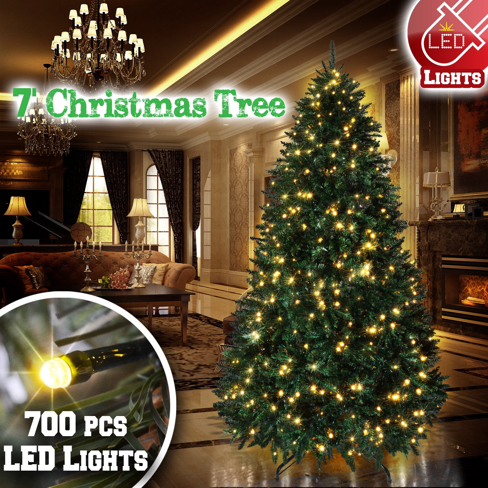 Sunrise 7 Artificial Christmas Tree with Metal Stand Full Tree Xmas Holiday (7' with 700 Clear Lights and 2154 tips) Green