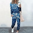 thumbnail image 2 of Women's Two Piece Christmas Snowman & Tree Printed Set: Round Neck Long Sleeve Shirt & Drawstring Sweatpants with Pockets, Blue, Size S, 2 of 5